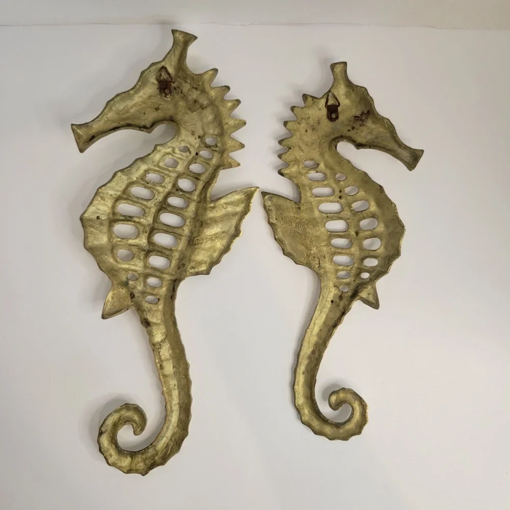 Vintage Solid Brass Sea Horse Wall Hangings Pair 14” & 12” Japan